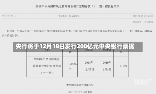 央行将于12月18日发行200亿元中央银行票据