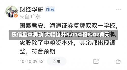 乐信盘中异动 大幅拉升5.01%报6.07美元