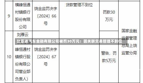 比亚迪汽车金融有限公司被罚30万元：因关联交易管理不到位