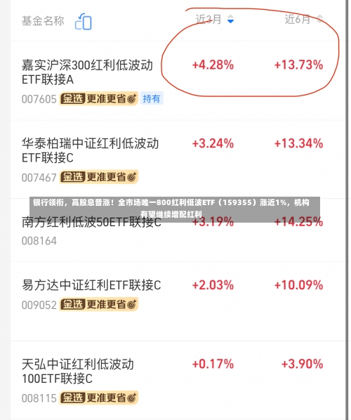 银行领衔，高股息普涨！全市场唯一800红利低波ETF（159355）涨近1%，机构有望继续增配红利