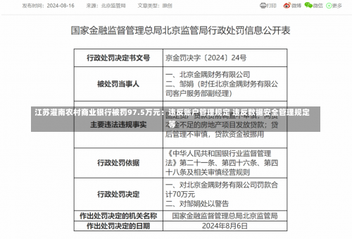 江苏灌南农村商业银行被罚97.5万元：违反账户管理规定 违反数据安全管理规定等