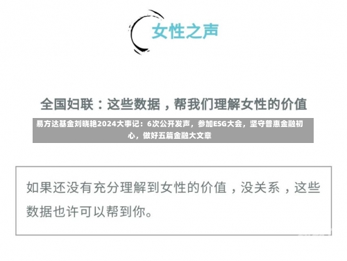 易方达基金刘晓艳2024大事记：6次公开发声，参加ESG大会，坚守普惠金融初心，做好五篇金融大文章