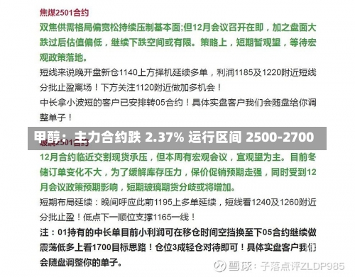 甲醇：主力合约跌 2.37% 运行区间 2500-2700