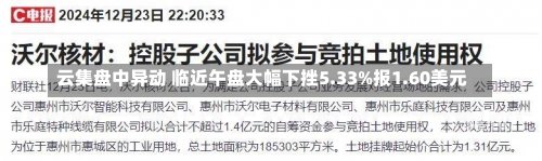 云集盘中异动 临近午盘大幅下挫5.33%报1.60美元