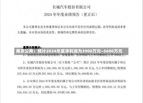 南京公用：预计2024年度净利润为3900万元~5600万元