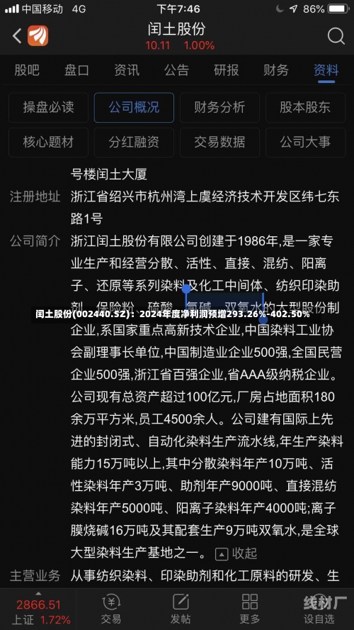 闰土股份(002440.SZ)：2024年度净利润预增293.26%-402.50%