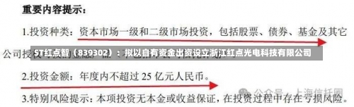 ST红点智（839302）：拟以自有资金出资设立浙江红点光电科技有限公司